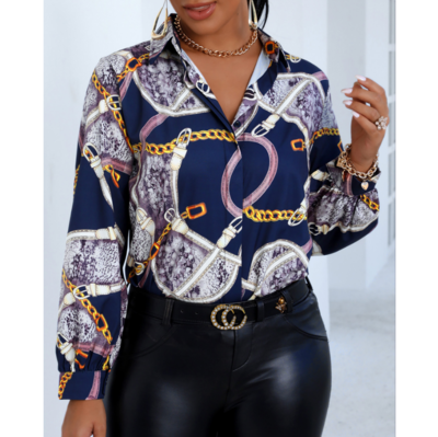 Buttoned Long Sleeve Printed V-Neck Shirt
