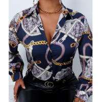 Buttoned Long Sleeve Printed V-Neck Shirt - Thumbnail 1