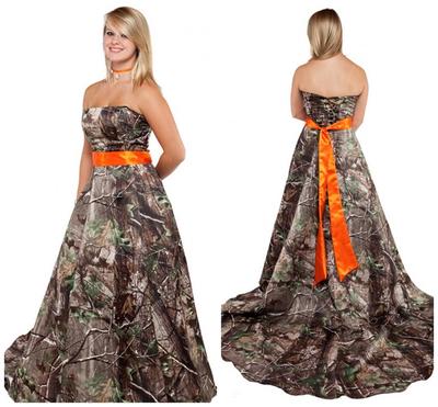 Strapless A-line Satin Camo Women Wedding Dress Orange Belt,933