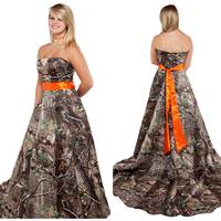 Strapless A-line Satin Camo Women Wedding Dress Orange Belt,933 - Thumbnail 1