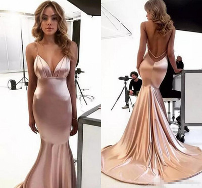 Champagne Mermaid Prom Dress Sexy V Neck Open Back Long Formal Evening Dresses Party Gowns,362