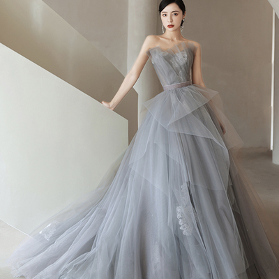 Gray tulle lace long ball gown dress formal dress - Thumbnail 2