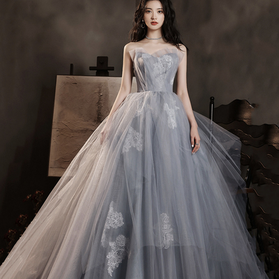 Gray tulle lace long ball gown dress evening dress - Thumbnail 5