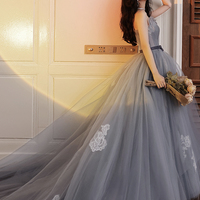 Gray tulle lace long ball gown dress evening dress - Thumbnail 2