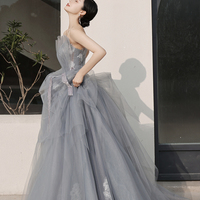Gray tulle lace long ball gown dress evening dress - Thumbnail 4