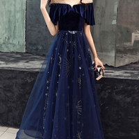 Dark blue tulle lace long prom dress, blue evening dress,365 - Thumbnail 2