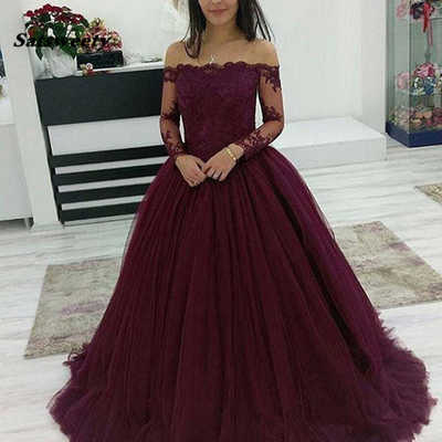 Ball gown long sleeves wine red tulle prom dresses with appliques lace,367 - Thumbnail 3