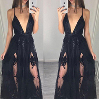 Sexy Deep V-Neck Lace Tulle Prom Dresses,Long Black Prom Dresses,370 - Thumbnail 2