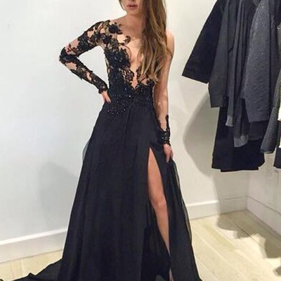 Long sleeves black lace prom dresses evening gowns,371 - Thumbnail 5