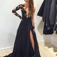 Long Sleeves Black Lace Prom Dresses Evening Gowns,371 - Thumbnail 1