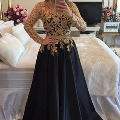 A-line long sleeves gold lace appliques black prom evening dresses,374 - Thumbnail 4