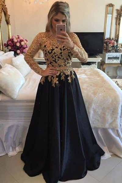 A-Line Long Sleeves Gold Lace Appliques Black Prom Evening Dresses,374