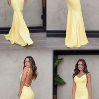 Charming Yellow Backless Prom Dress, Mermaid Spaghetti Straps Satin Prom Dress,376 - Thumbnail 2
