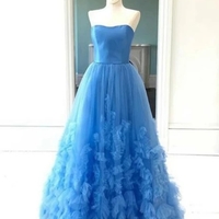 Strapless Embellished Ball Gown Blue Prom Dress Vintage Prom Dresses - Thumbnail 2