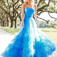 Strapless Embellished Ball Gown Blue Prom Dress Vintage Prom Dresses - Thumbnail 1
