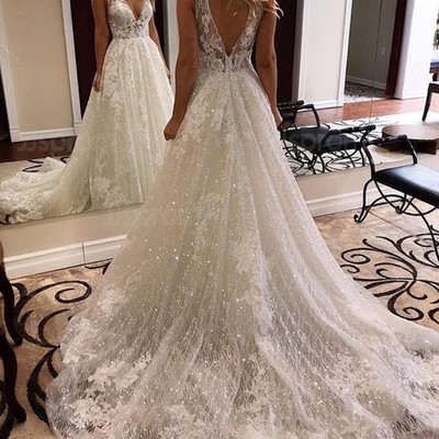 V-neck lace wedding dresses,wedding dress,custom made wedding gown,381 - Thumbnail 4