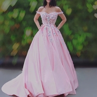 A-Line/Princess Satin Applique Off-the-Shoulder Sweep/Brush Train Dresses  - Thumbnail 2