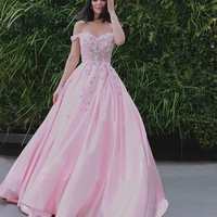 A-Line/Princess Satin Applique Off-the-Shoulder Sweep/Brush Train Dresses  - Thumbnail 3