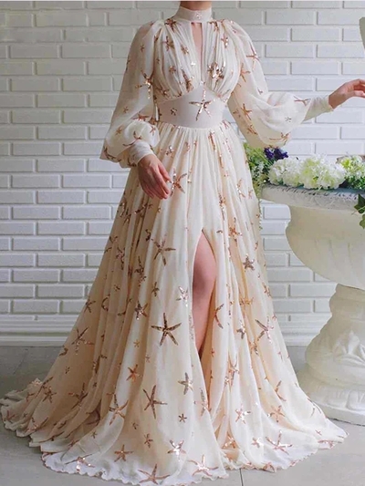 Chic Long Sleeve Prom Dress A Line Chiffon Stars Prom Dresses with Slit