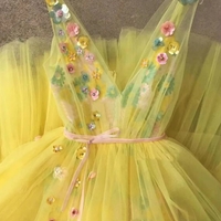 Yellow Tulle Prom Dress V Neck 3D Flower Vintage Evening Dress  - Thumbnail 1