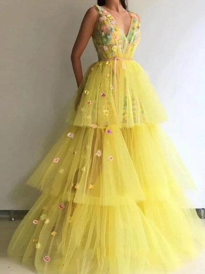 Yellow Tulle Prom Dress V Neck 3D Flower Vintage Evening Dress 