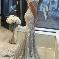 Mermaid Lace Prom Dress Off The Shoulder Sexy Evening Dress With Slit - Thumbnail 1