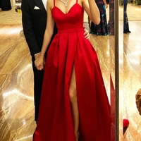 Vintage A-Line Red Satin Long Prom Evening Dress with Slit - Thumbnail 2