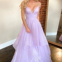 Glitter A-Line V Neck Lilac Sparkly Tulle Prom Dress Custom Evening Gown - Thumbnail 1