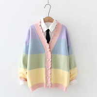 New Rainbow Stripe Wavy Fungus Lace V-neck Sweater - Thumbnail 1