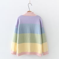 New Rainbow Stripe Wavy Fungus Lace V-neck Sweater - Thumbnail 3