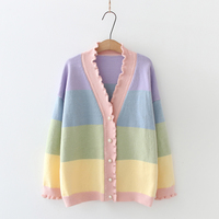 New Rainbow Stripe Wavy Fungus Lace V-neck Sweater - Thumbnail 2