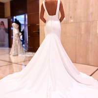 Mermaid V Neck Soft Satin Long Wedding Dresses with buttons - Thumbnail 1