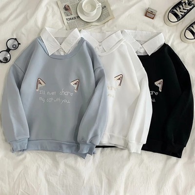 Cute Cat Kitten Print Polo Collar 2 Pcs Sweatshirt Sweater Pullover Jumper Long Sleeve Shirt Casual E-Girl Kawaii Korean Japanese Harajuku Streetwear