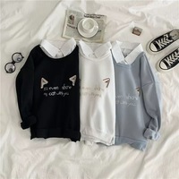 Cute Cat Kitten Print Polo Collar 2 Pcs Sweatshirt Sweater Pullover Jumper Long Sleeve Shirt Casual E-Girl Kawaii Korean Japanese Harajuku Streetwear - Thumbnail 2