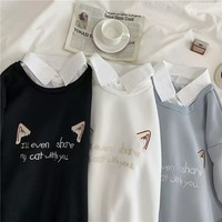 Cute Cat Kitten Print Polo Collar 2 Pcs Sweatshirt Sweater Pullover Jumper Long Sleeve Shirt Casual E-Girl Kawaii Korean Japanese Harajuku Streetwear - Thumbnail 3