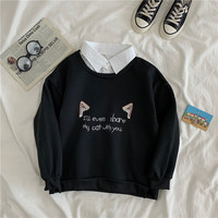 Cute Cat Kitten Print Polo Collar 2 Pcs Sweatshirt Sweater Pullover Jumper Long Sleeve Shirt Casual E-Girl Kawaii Korean Japanese Harajuku Streetwear - Thumbnail 7