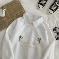 Cute Cat Kitten Print Polo Collar 2 Pcs Sweatshirt Sweater Pullover Jumper Long Sleeve Shirt Casual E-Girl Kawaii Korean Japanese Harajuku Streetwear - Thumbnail 8