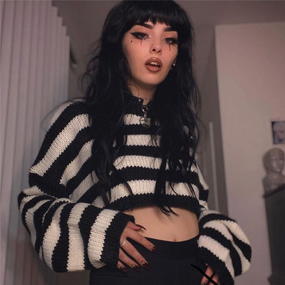 Cute Black White Stripe Loose Oversize Crop Sweater Long Sleeve Shirt Sweatshirt Pullover Casual E-Girl Kawaii Korean Japanese Harajuku Streetwear