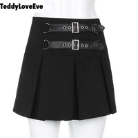 Cute Goth Dark Grunge Punk Pleated High Waisted Rivet Patchwork Mini Skirt Bottoms E-Girl Kawaii Korean Japanese Harajuku Streetwear - Thumbnail 4