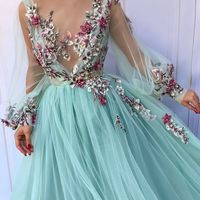 Blue tulle floral embroidered puff sleeve prom dress ,tulle evening dress,party dress,387 - Thumbnail 1