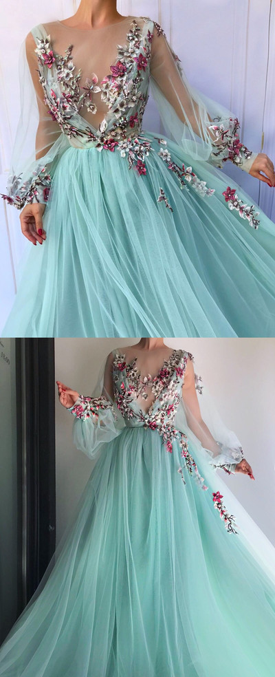 Blue tulle floral embroidered puff sleeve prom dress ,tulle evening dress,party dress,387