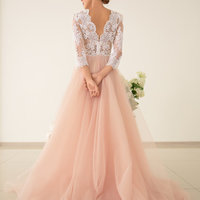 3/4 Sleeves A-line Pink Tulle Prom Dress Lace Appliques Evening Dress,386 - Thumbnail 1