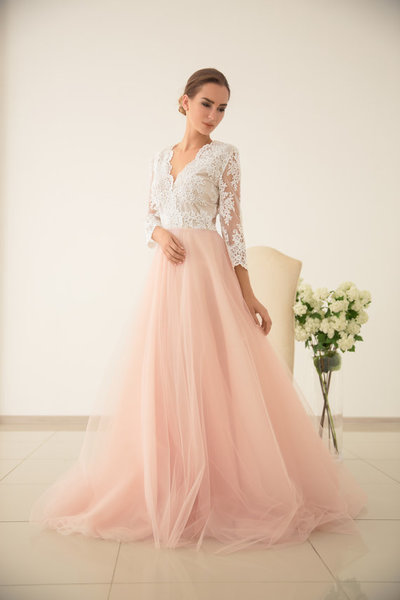 3/4 Sleeves A-line Pink Tulle Prom Dress Lace Appliques Evening Dress,386
