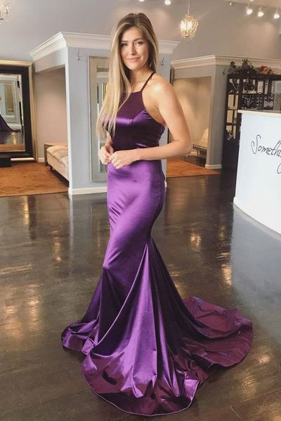 Sexy Mermaid Purple Satin Prom Dress Floor Length Women Evening Dress,389