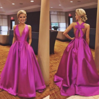 V-neck Pink Satin Prom Dress Floor Length Women Party Dress,392 - Thumbnail 1