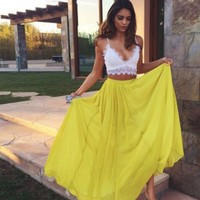 Sexy Two piece White Top Yellow Skirt V-neck Sleeveless Chiffon Long Prom/Evening Dress,395 - Thumbnail 1