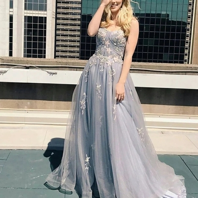 A line cheap prom dress appliques tulle sleeveless evening dress - Thumbnail 3