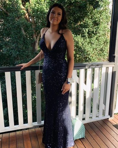 Sparkly Mermaid V Neck Black Sequins Prom Dress with Cross Back