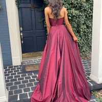 Cute V Neck Spaghetti Straps Burgundy Satin Prom Dresses with Slit - Thumbnail 1