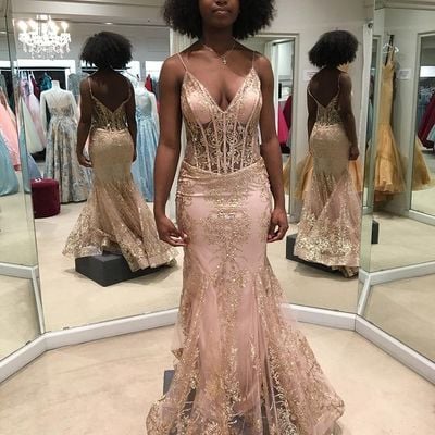 Mermaid prom dresses v neck lace formal evening dresses - Thumbnail 4